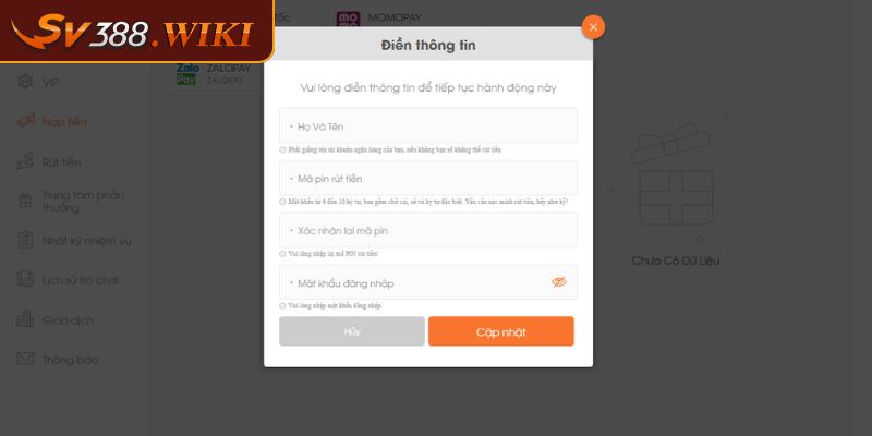 Nạp và rút tiền sv388 1 Truy cập trang nạp tiền